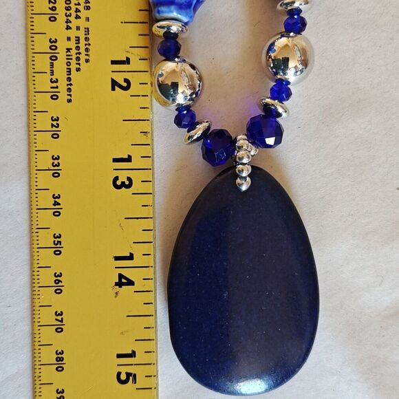 Natural Blue Lapis Beaded Teardrop Stone Necklace 15 inch Silver Accents - Picture 10 of 10